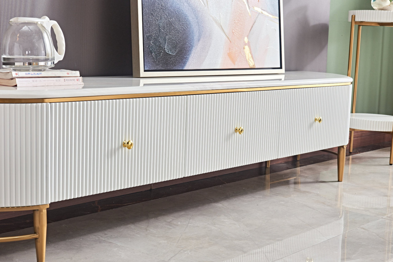 Poze Comoda TV Alexis alb/gold si marmura – H42 cm