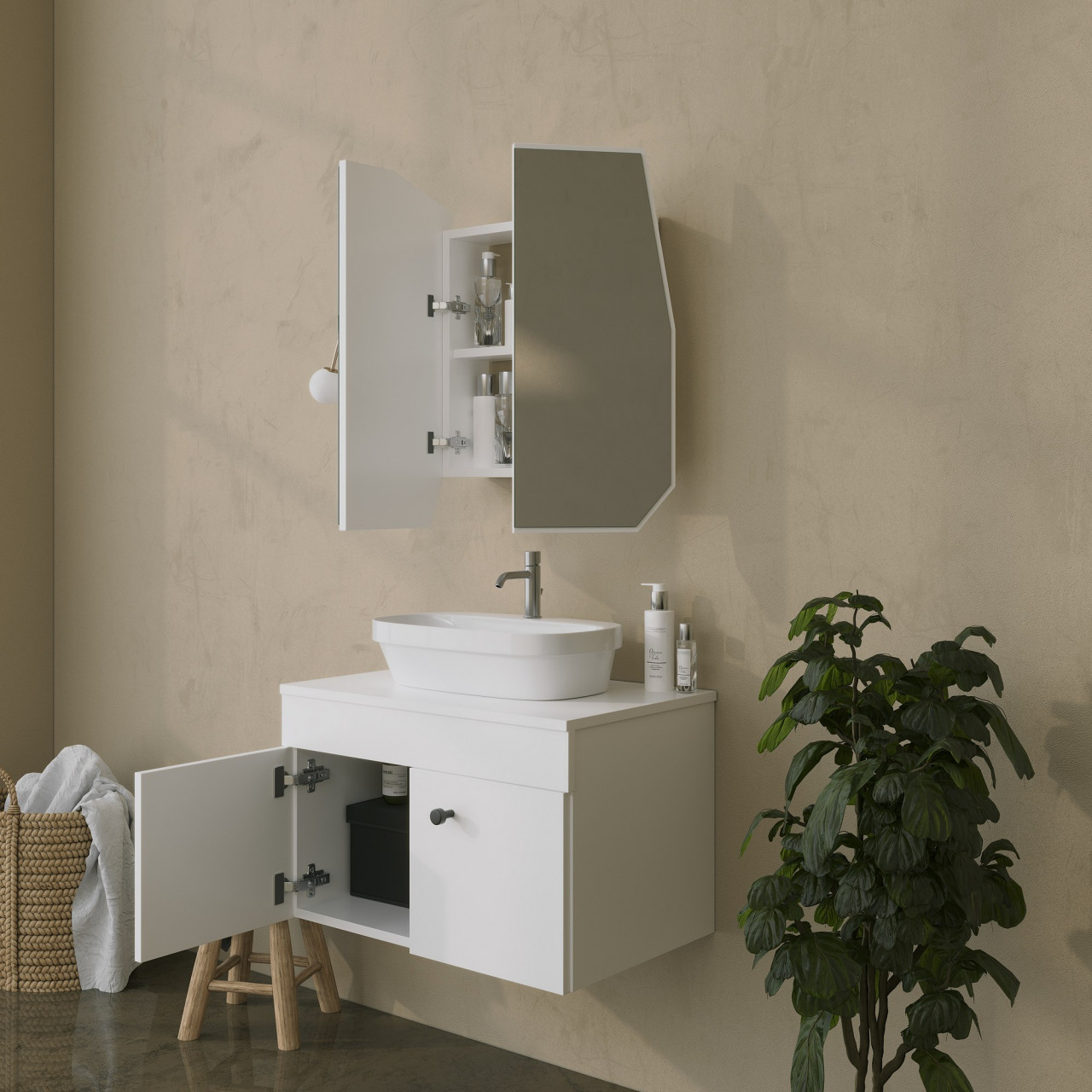 Poze Dulap de baie Quartz alb L50 cm - H45 cm + Oglinda L70 cm - H60 cm