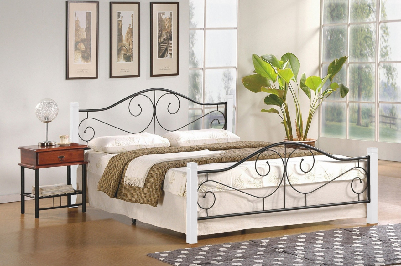 Poze Pat metal si lemn Violetta alb-negru - 160x200 cm