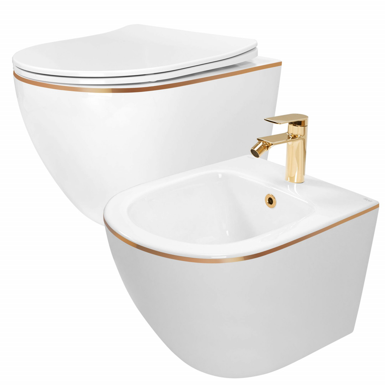 Poze Set vas wc Carlo Mini Flat + bideu Carlo Mini alb/auriu