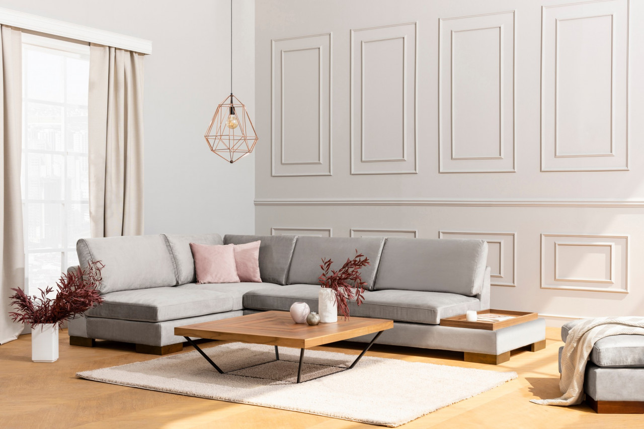 Poze Coltar Tulip Corner pe stanga cu taburet gri deschis