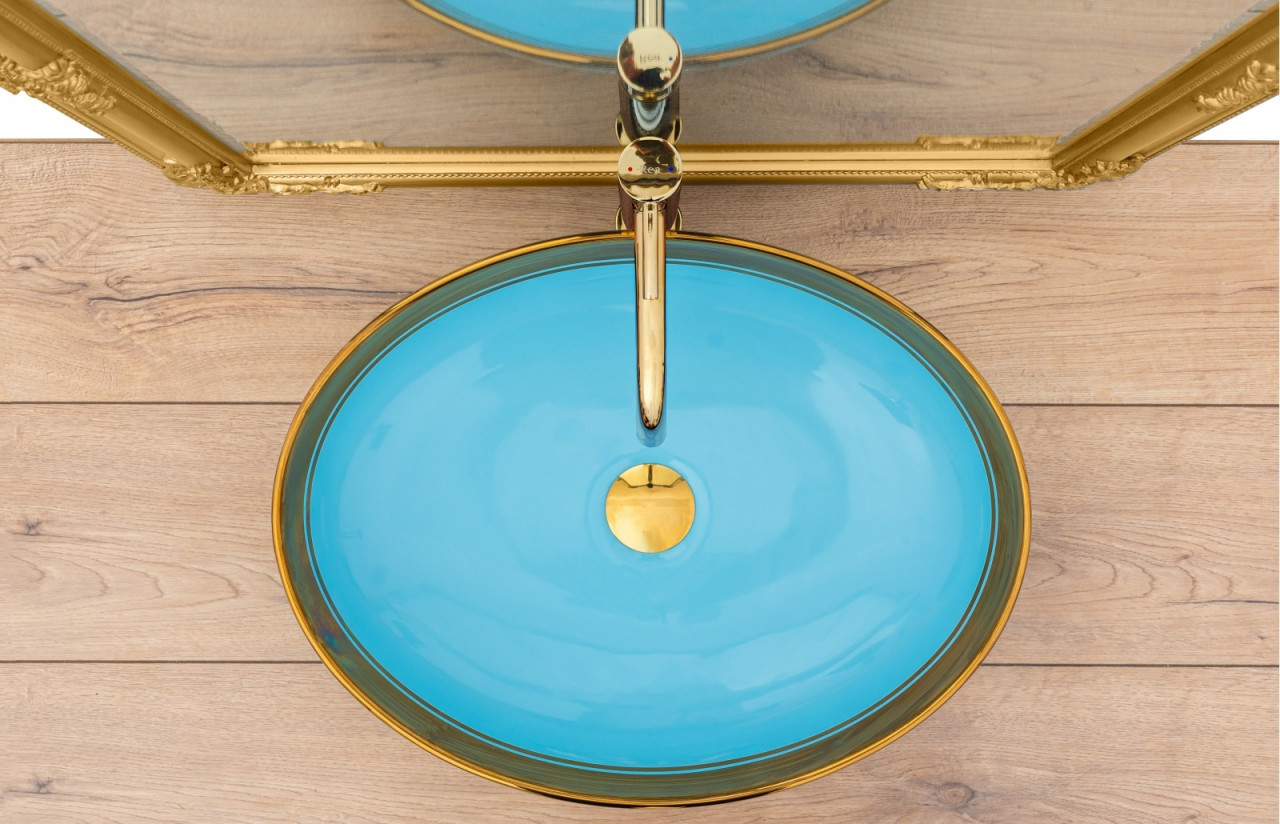 Poze Lavoar Margot ceramica sanitara albastru / gold - 52 cm