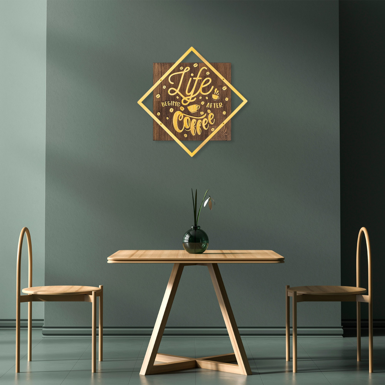 Poze Accesoriu decorativ de perete din lemn Life begins after coffee auriu