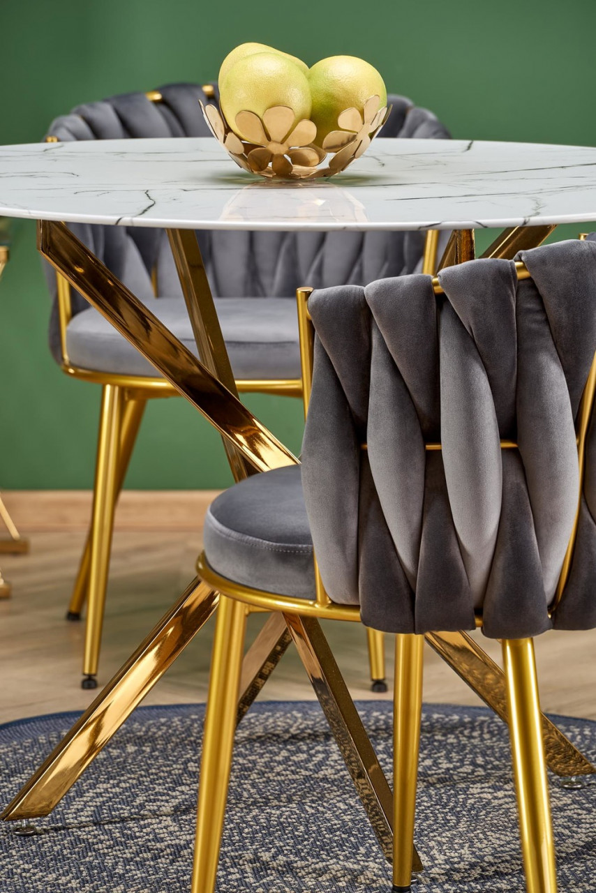 Poze Set masa rotunda Raymond 2 marmura alba + 4 scaune K517 velvet gri/auriu