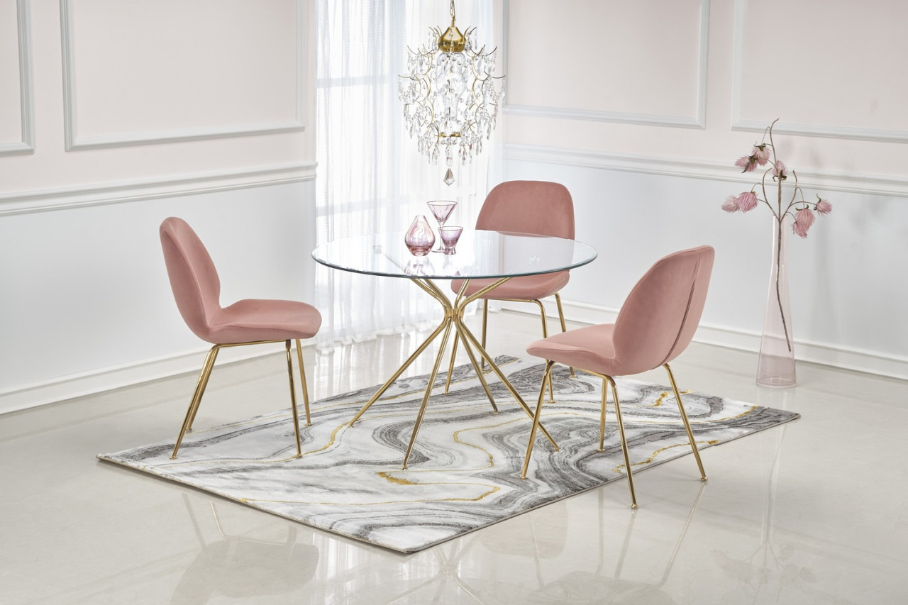Set masa rotunda Rondo diametru 110 cm + 4 scaune K381 velvet roz/auriu