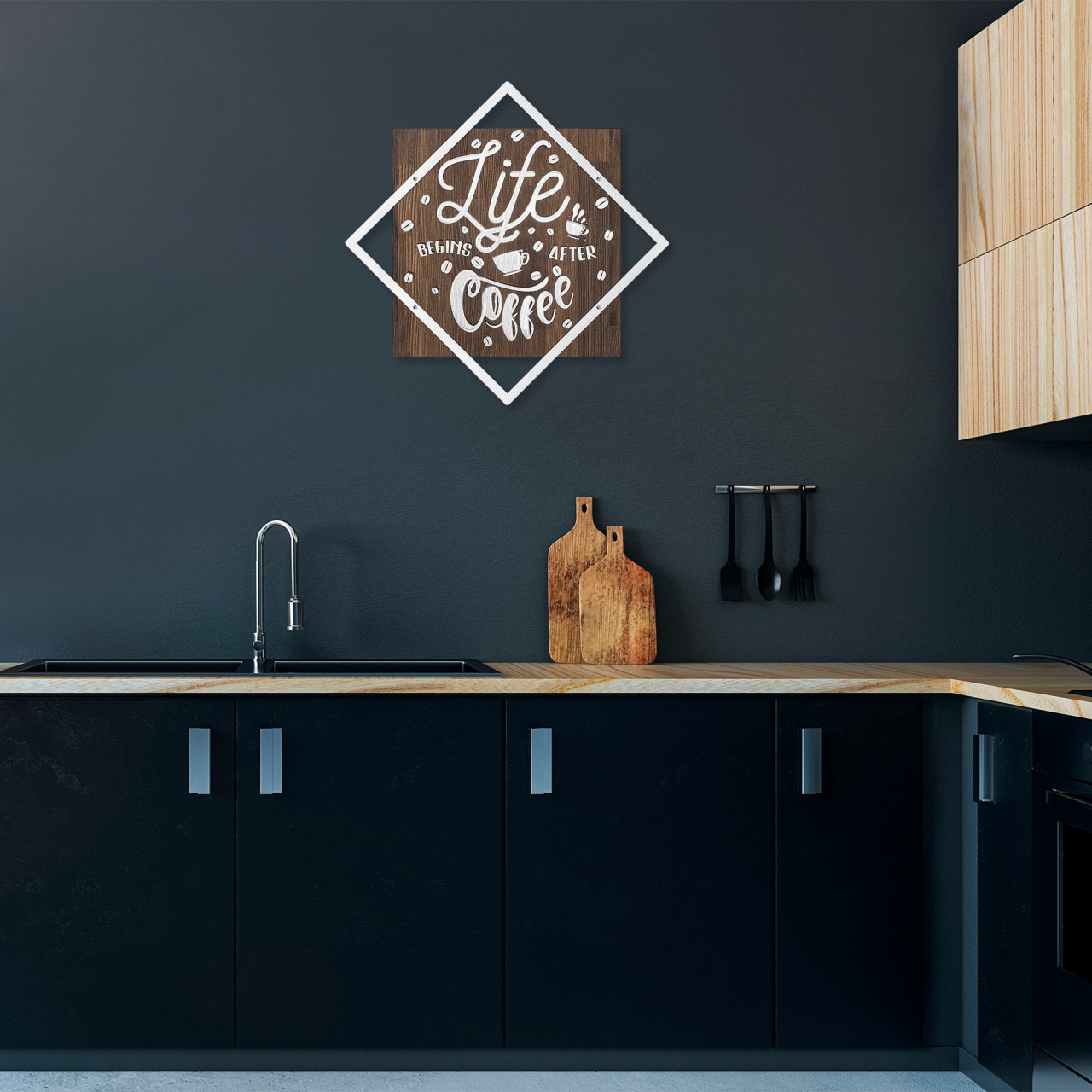 Poze Accesoriu decorativ de perete din lemn Life begins after coffee argintiu