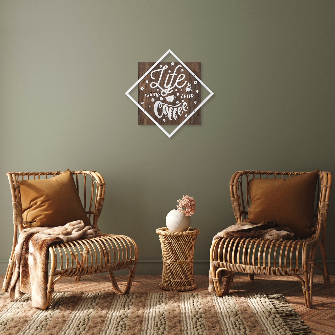 Poze Accesoriu decorativ de perete din lemn Life begins after coffee argintiu