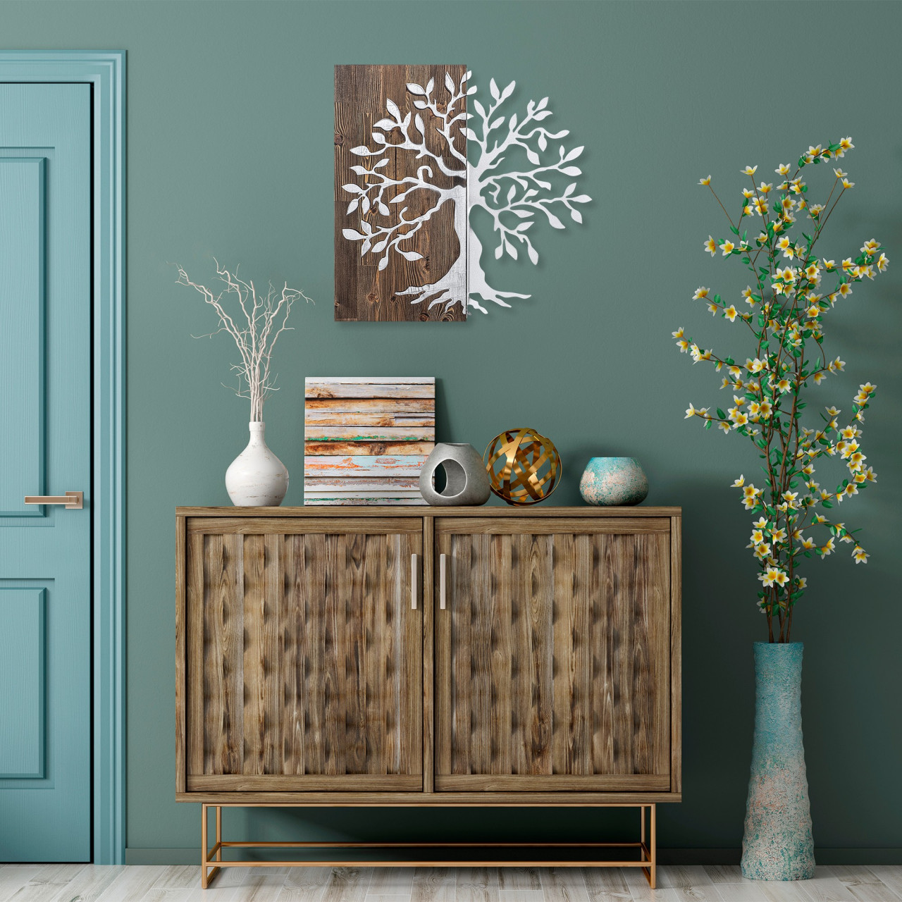 Poze Accesoriu decorativ de perete din lemn Tree argintiu
