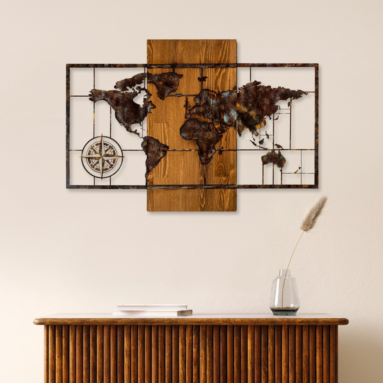 Poze Accesoriu decorativ de perete din lemn World Map With Compass 5