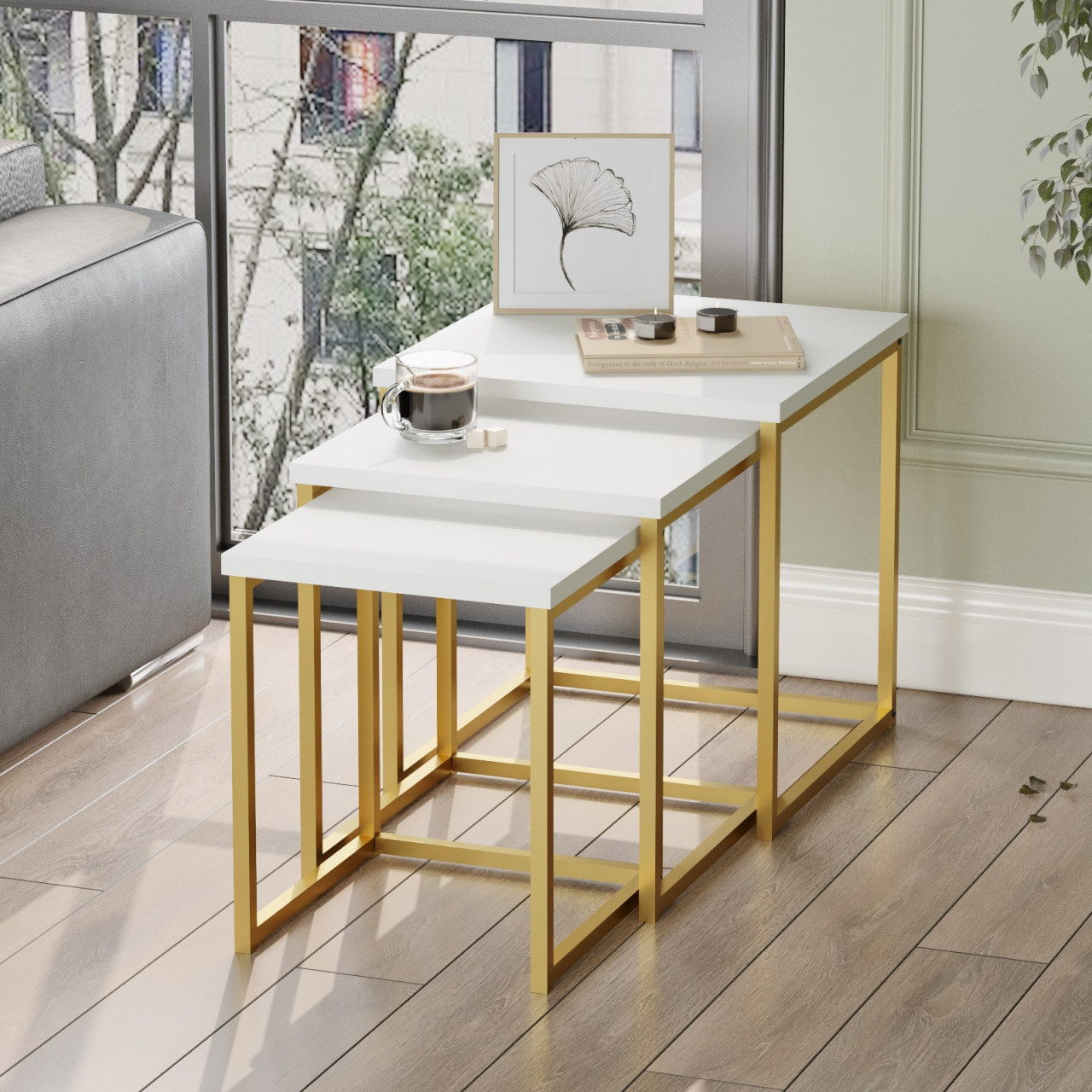 Poze Set 3 mese de cafea VG7-W alb / auriu