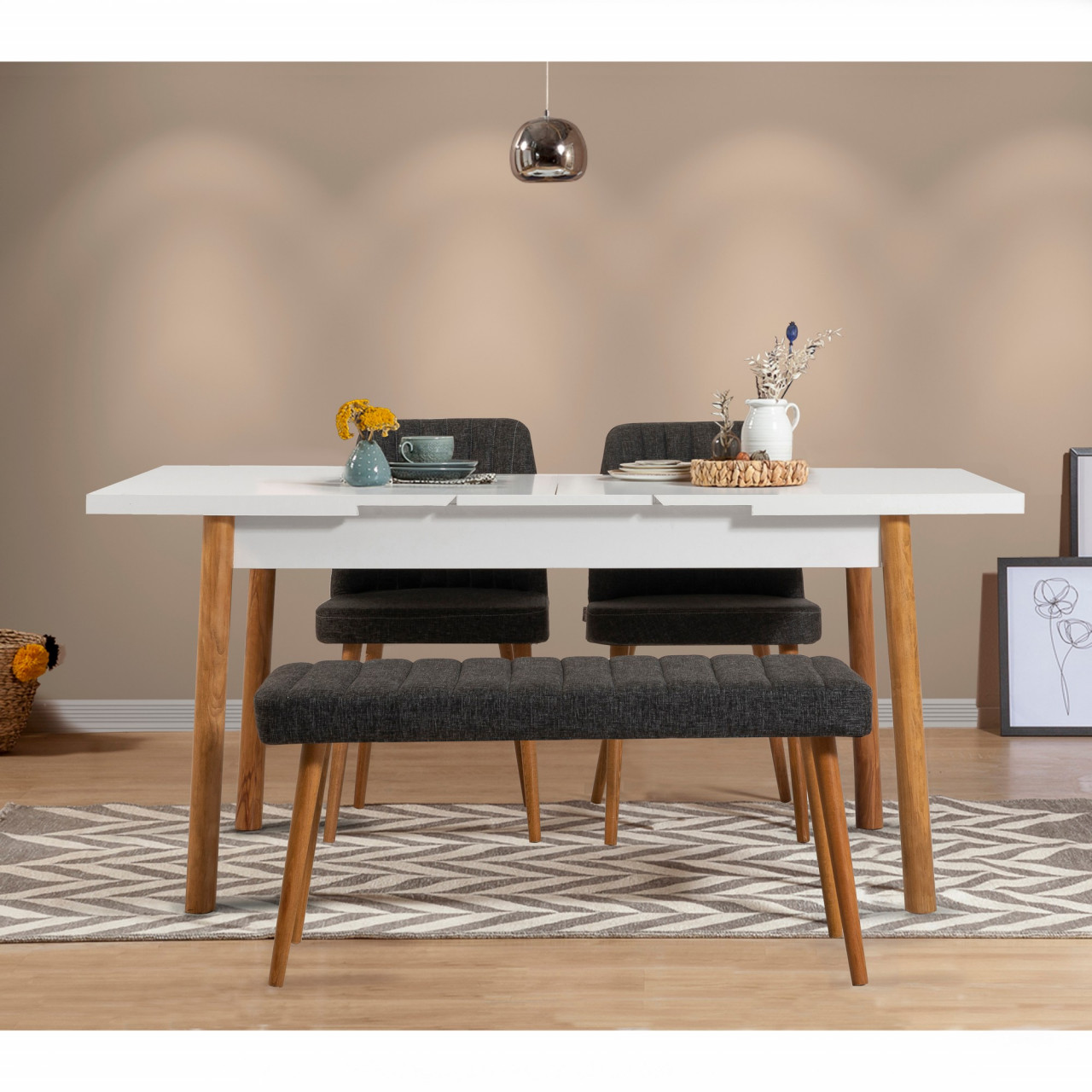 Poze Set masa extensibila si scaune (4 piese) Santiago alb / pin / antracit