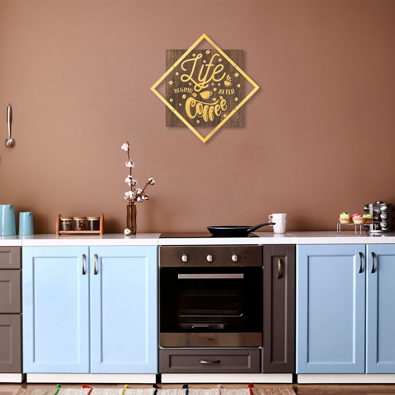 Poze Accesoriu decorativ de perete din lemn Life begins after coffee auriu
