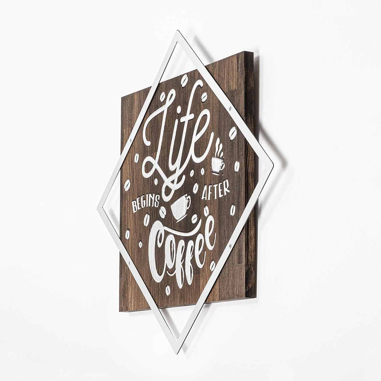 Poze Accesoriu decorativ de perete din lemn Life begins after coffee argintiu