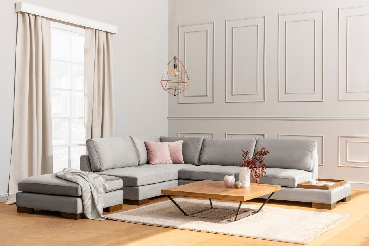 Poze Coltar Tulip Corner pe stanga cu taburet gri deschis
