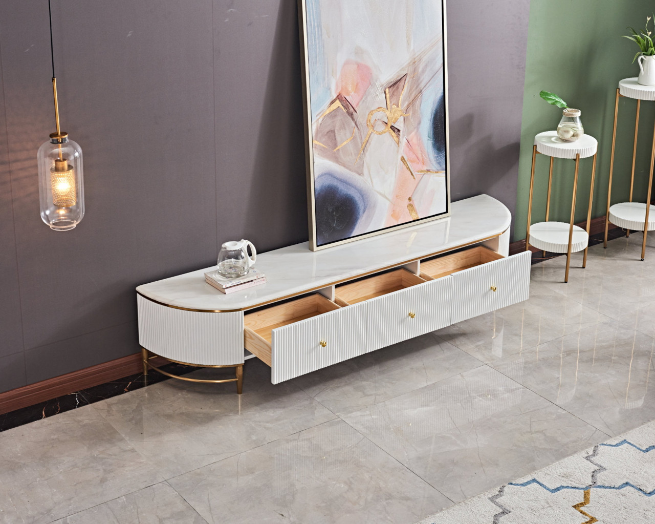 Poze Comoda TV Alexis alb/gold si marmura – H42 cm
