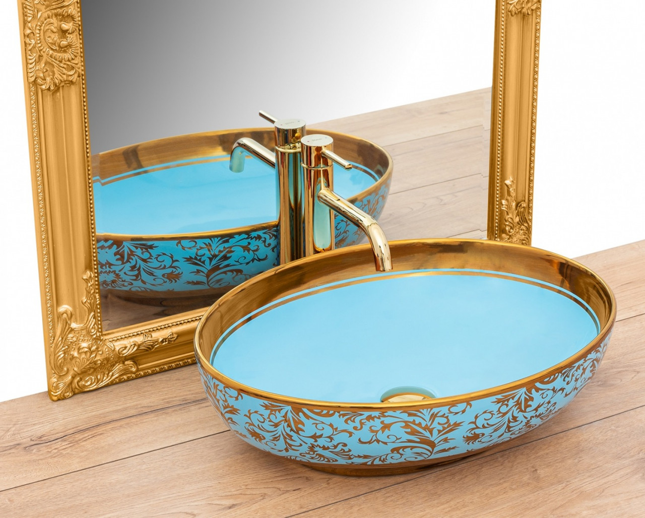 Poze Lavoar Margot ceramica sanitara albastru / gold - 52 cm