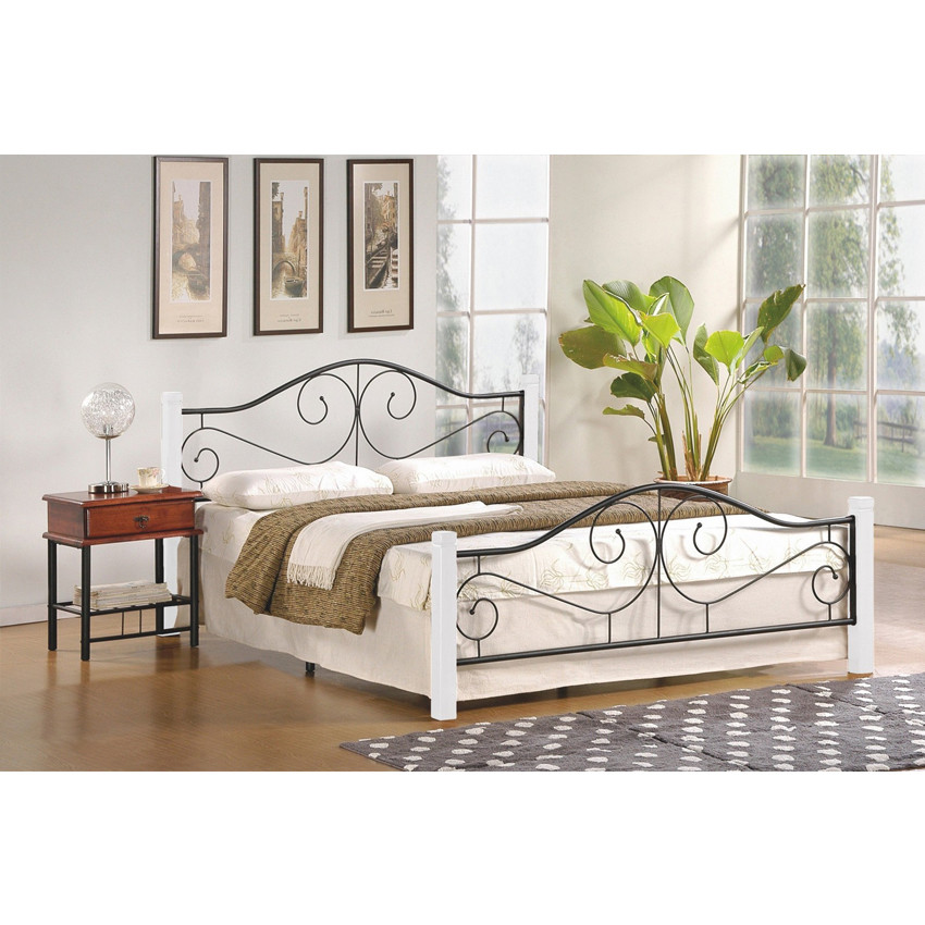Poze Pat metal si lemn Violetta alb-negru - 160x200 cm