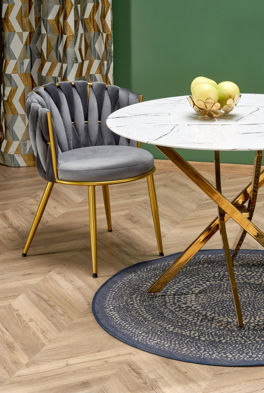 Poze Set masa rotunda Raymond 2 marmura alba + 4 scaune K517 velvet gri/auriu