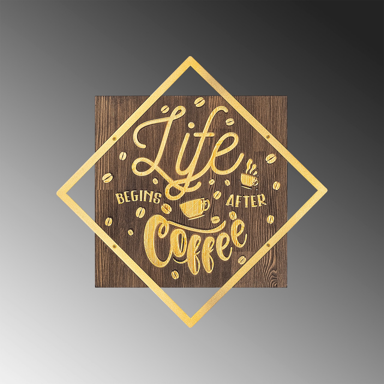 Poze Accesoriu decorativ de perete din lemn Life begins after coffee auriu