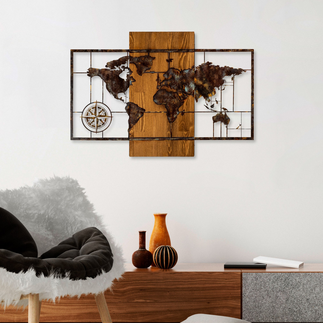 Poze Accesoriu decorativ de perete din lemn World Map With Compass 5