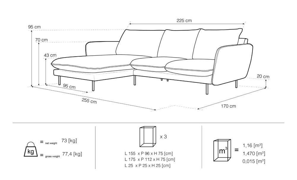 Poze Coltar tapitat Vienna 5 locuri picioare negre – L255 x l170 x h95