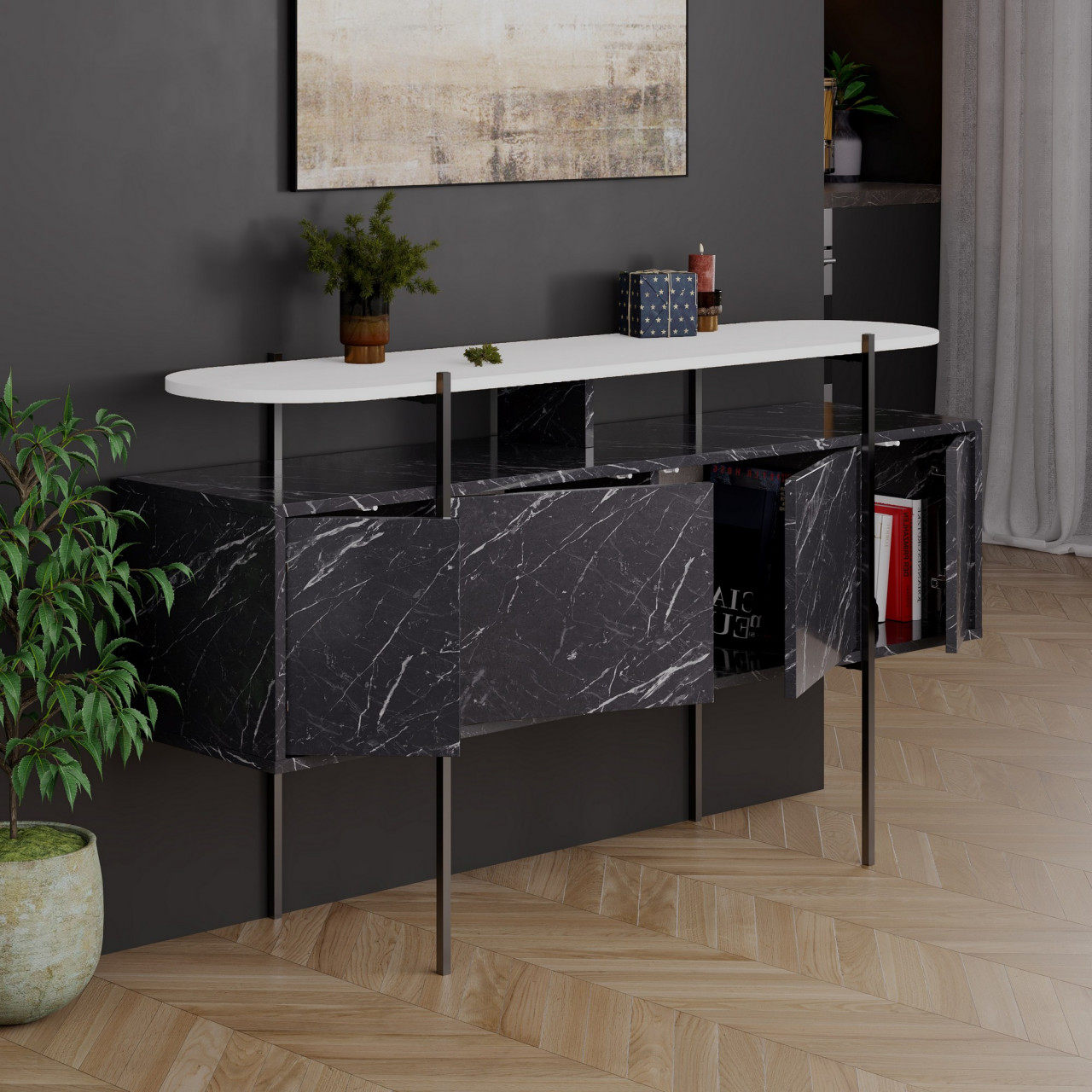 Poze Consola Hanley alb/marmura neagra L150 cm - H86,2 cm