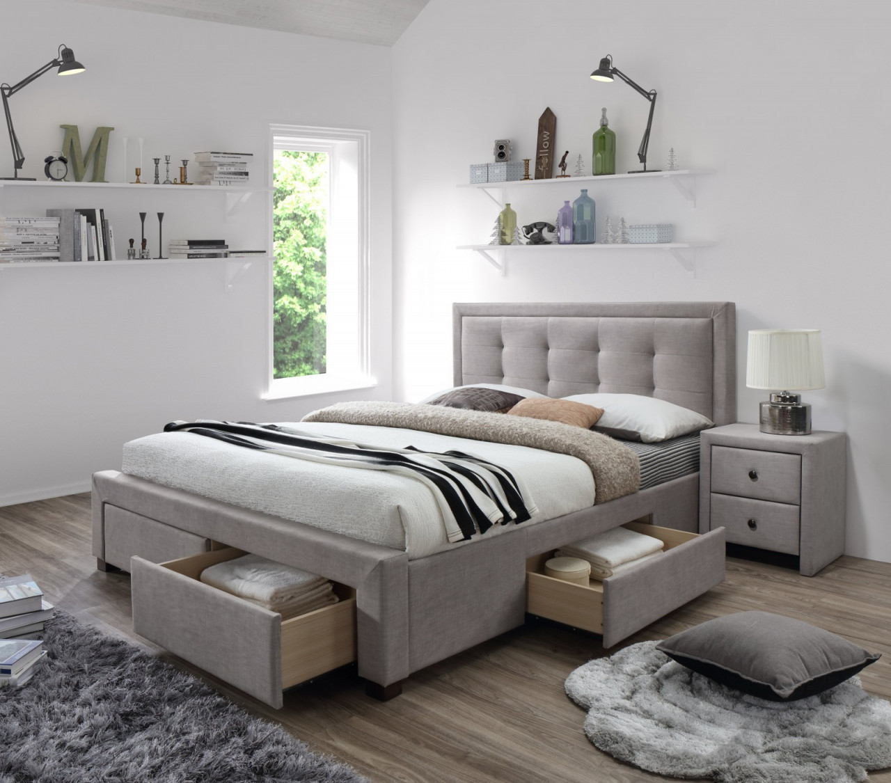 Poze Pat tapitat stofa Evora bej - 160x200 cm