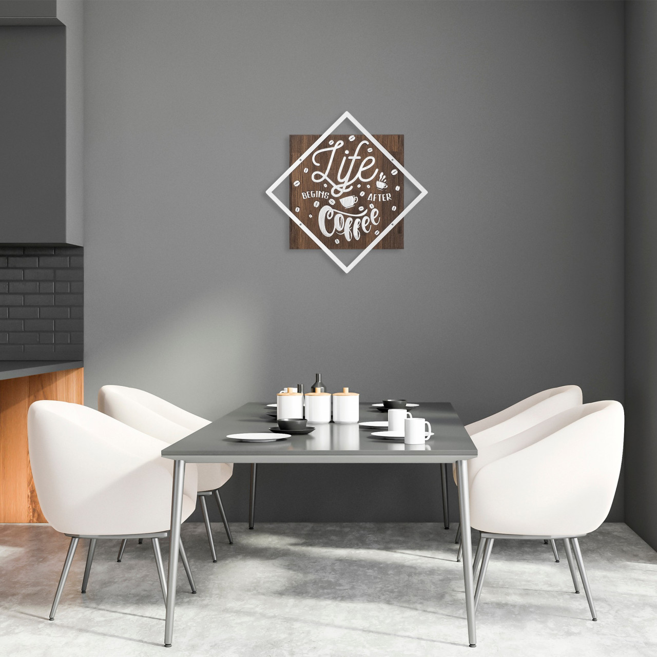 Poze Accesoriu decorativ de perete din lemn Life begins after coffee argintiu