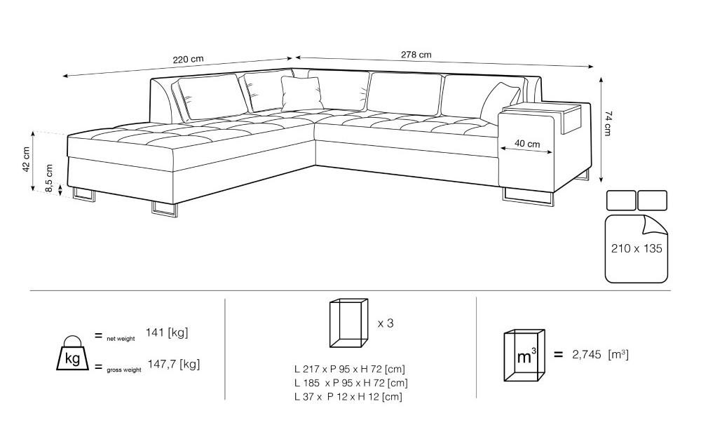 Poze Coltar extensibil tapitat Madison – L278 x l220 x h74 cm