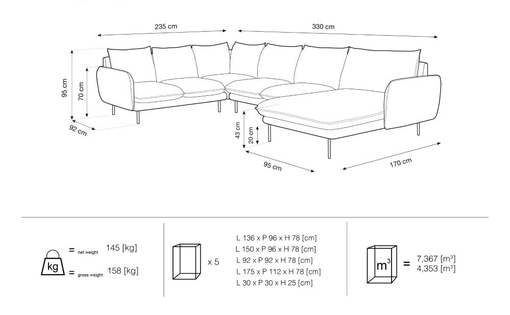 Poze Coltar tapitat Vienna 7 locuri picioare gold – L330 x l235 x h95