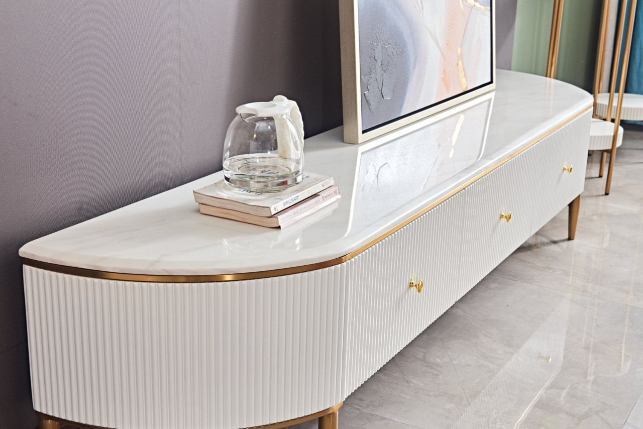 Poze Comoda TV Alexis alb/gold si marmura – H42 cm