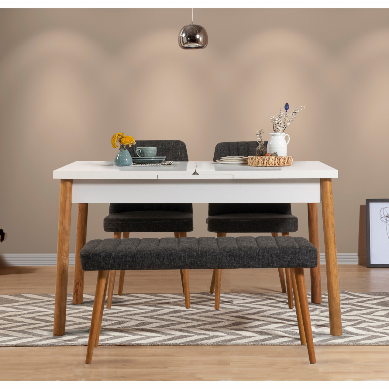 Poze Set masa extensibila si scaune (4 piese) Santiago alb / pin / antracit