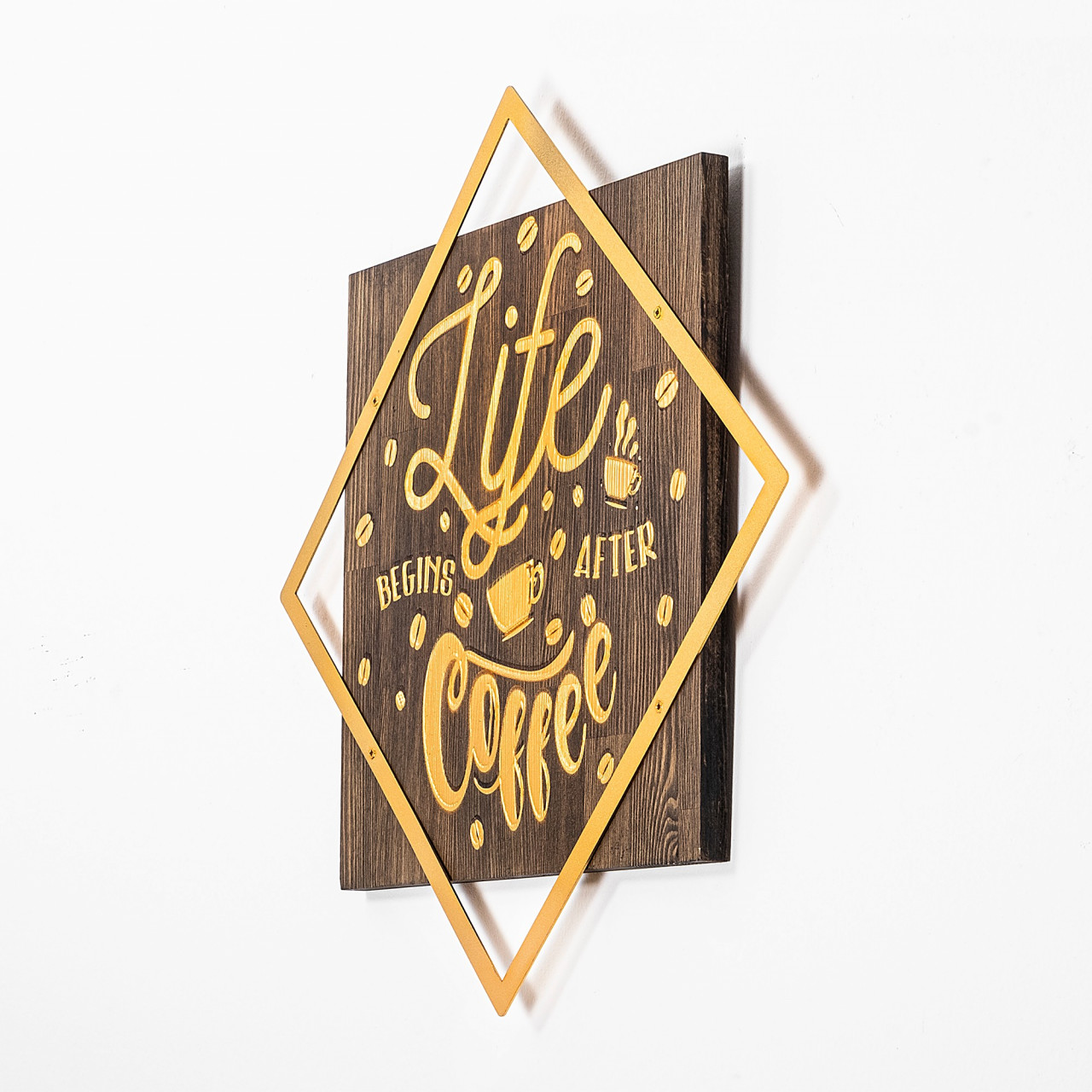 Poze Accesoriu decorativ de perete din lemn Life begins after coffee auriu