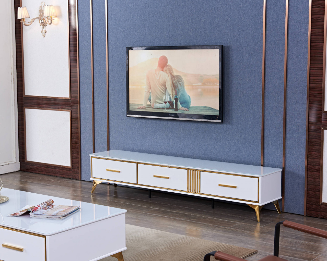 Poze Comoda TV Laval alb/gold – H41 cm