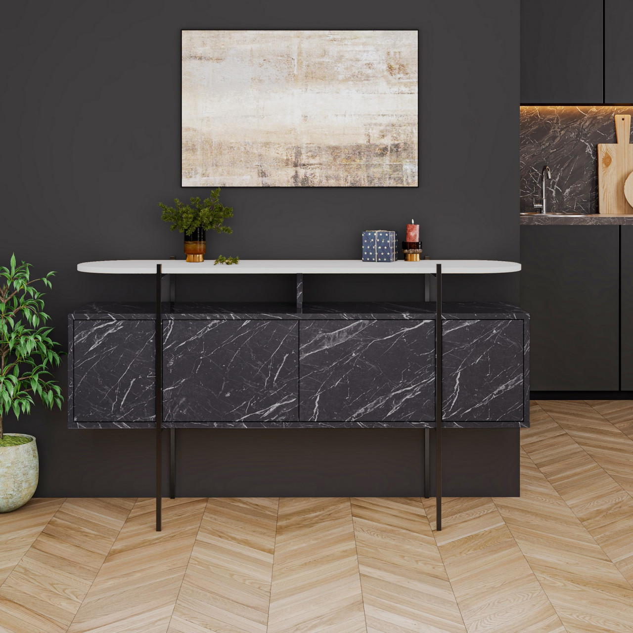 Poze Consola Hanley alb/marmura neagra L150 cm - H86,2 cm