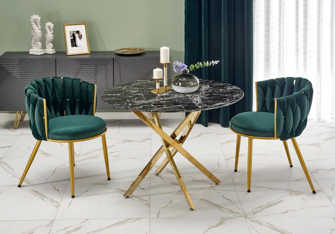 Poze Set masa rotunda Raymond 2 marmura neagra + 2 scaune K517 verde/auriu
