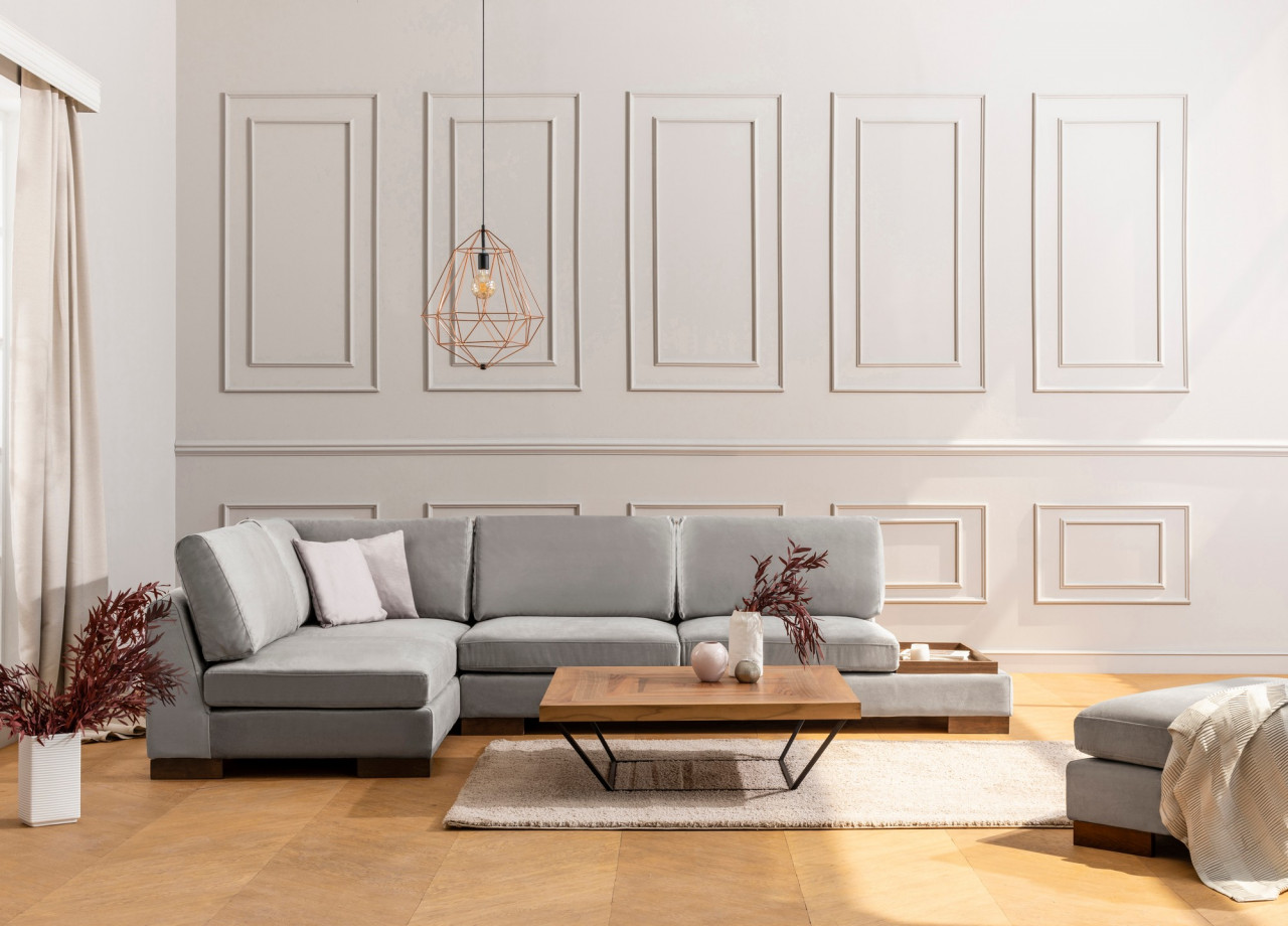 Poze Coltar Tulip Corner pe stanga cu taburet gri deschis