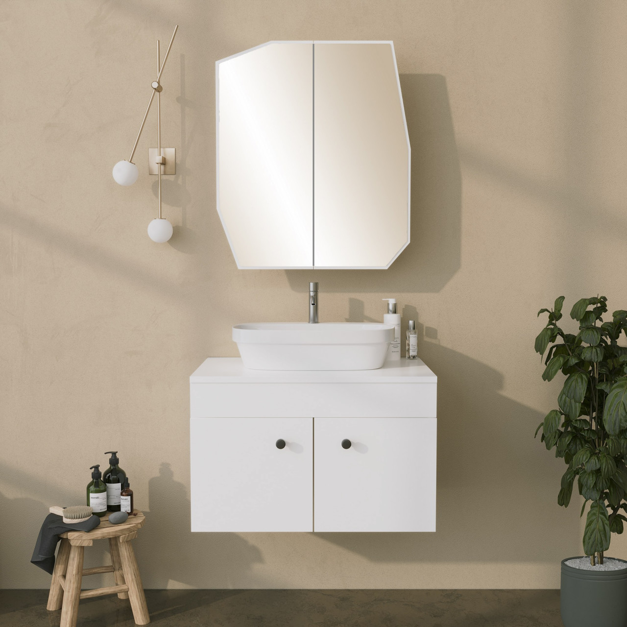 Poze Dulap de baie Quartz alb L50 cm - H45 cm + Oglinda L70 cm - H60 cm