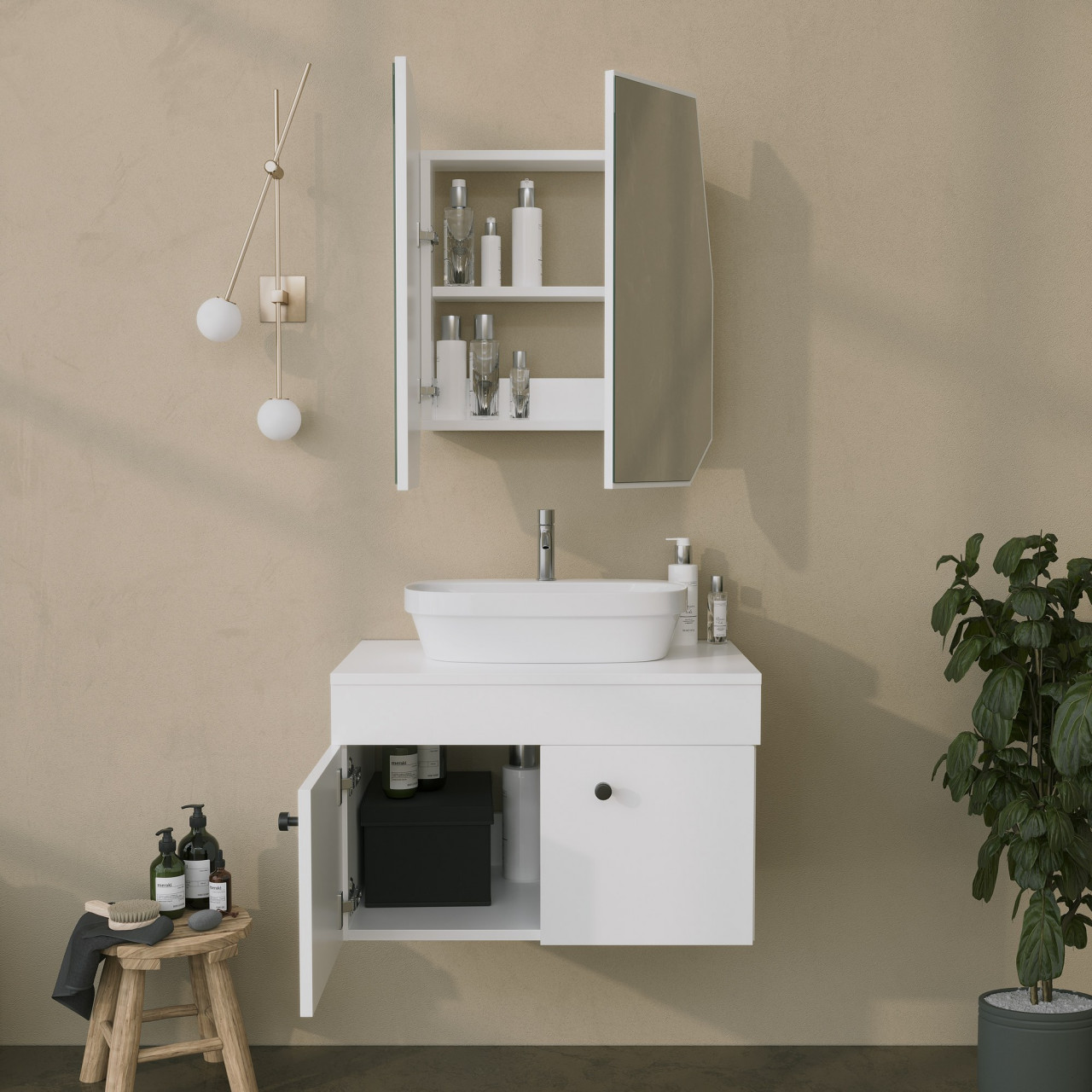 Poze Dulap de baie Quartz alb L50 cm - H45 cm + Oglinda L70 cm - H60 cm