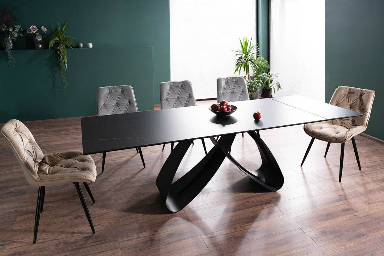 Poze Set masa extensibila Samanta ceramic negru/negru mat L160-240 cm + 3 scaune Cherry II velvet bej Blu28 + 3 scaune Cherry II velvet gri deschis Blu03