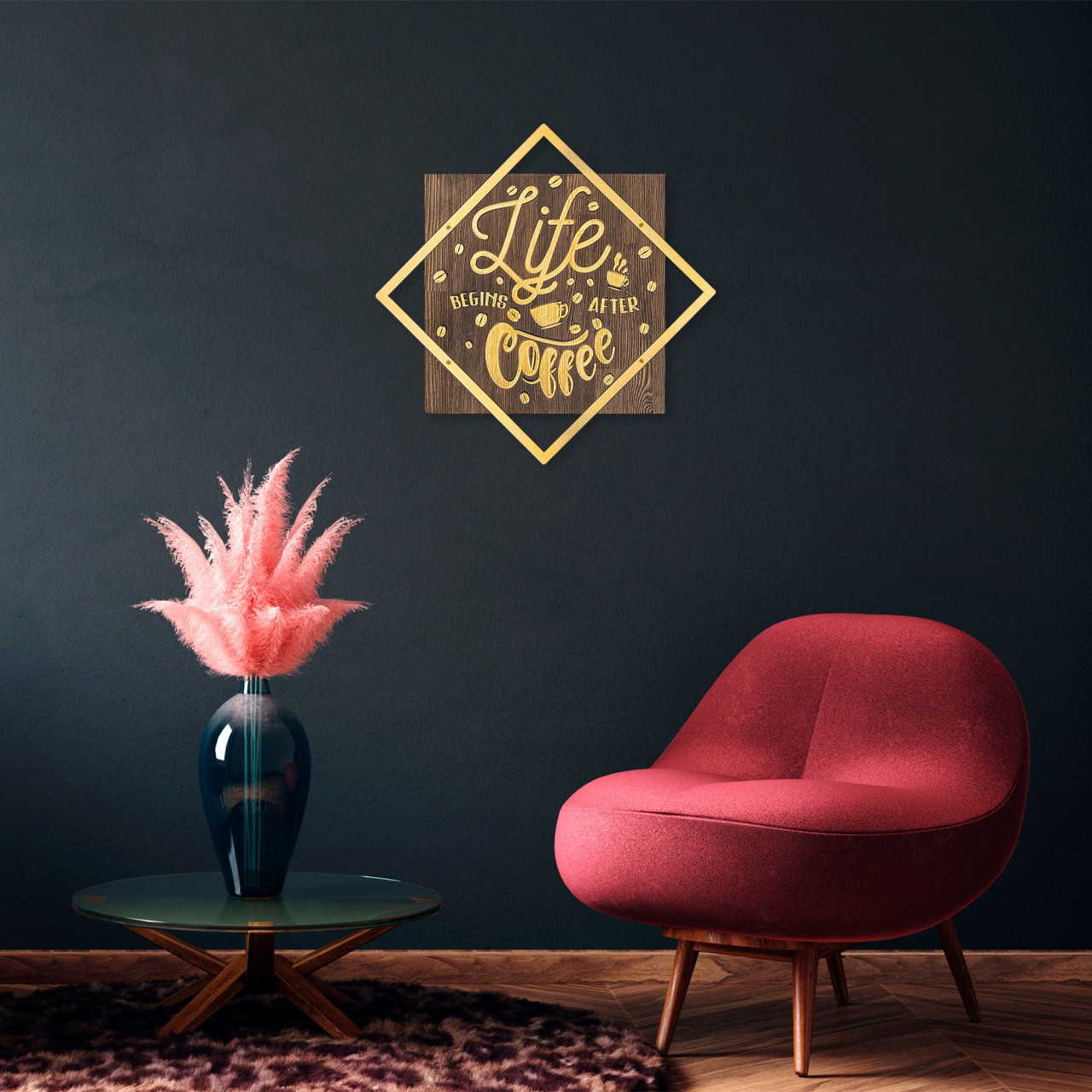 Poze Accesoriu decorativ de perete din lemn Life begins after coffee auriu