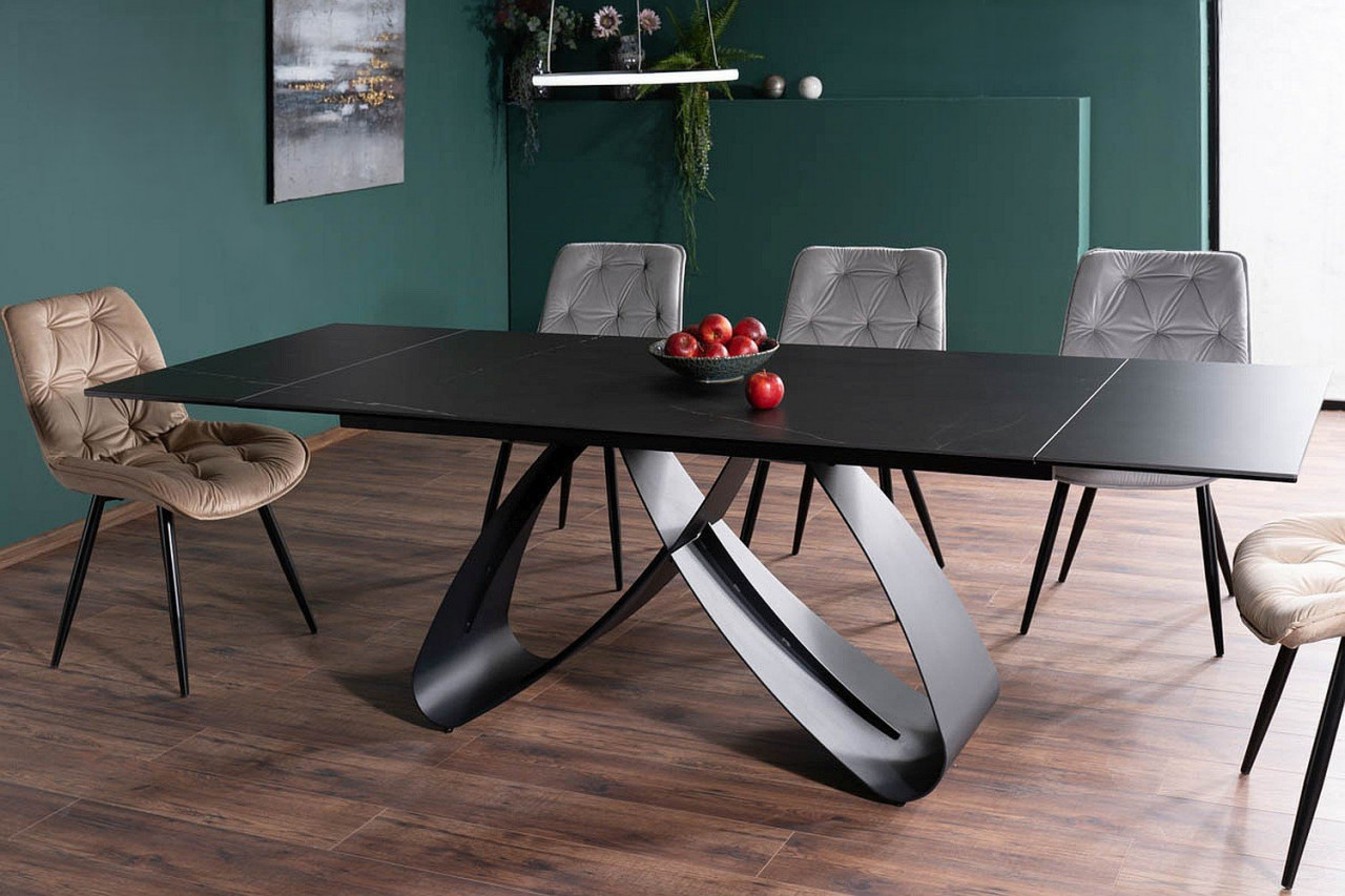 Poze Set masa extensibila Samanta ceramic negru/negru mat L160-240 cm + 3 scaune Cherry II velvet bej Blu28 + 3 scaune Cherry II velvet gri deschis Blu03