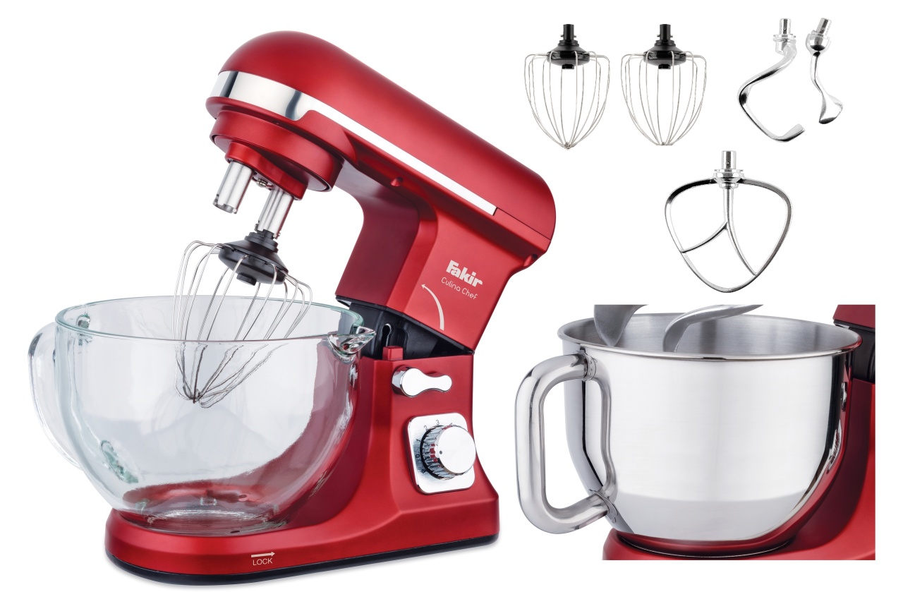 Robot de bucatarie Fakir Culina Chef, 1000W, Bol 5 L inox, Bol 5 L sticla, Sistem carlige duble, 6 Viteze - Pulse, Rosu