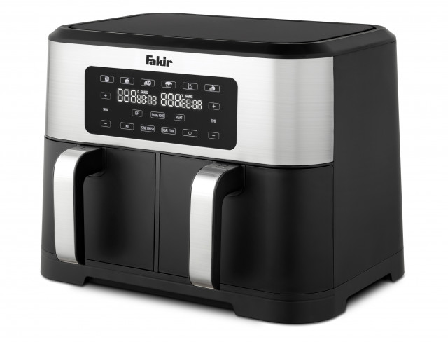 Airfryer Friteuza dubla cu aer cald, Fakir Premium Chefry 8,5L, Doua cosuri 4,25L+4,25L, 2400W, Ecran digital, 200 °C, 10 functii de gatire presetate