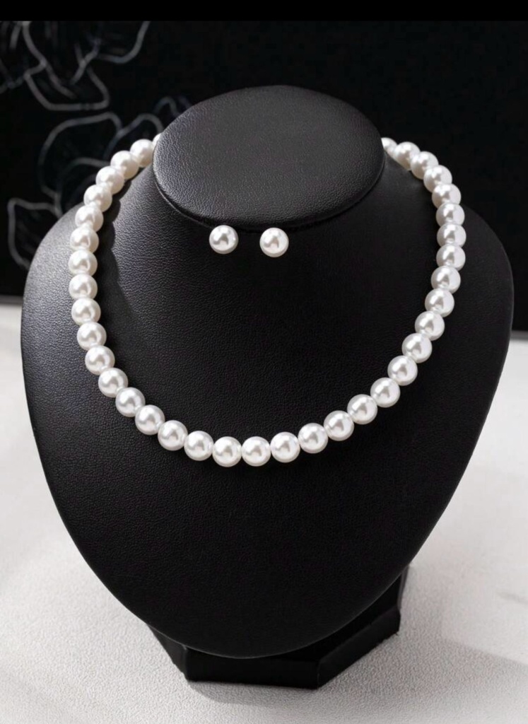 Set colier+cercei alb din perle artificiale Aryna