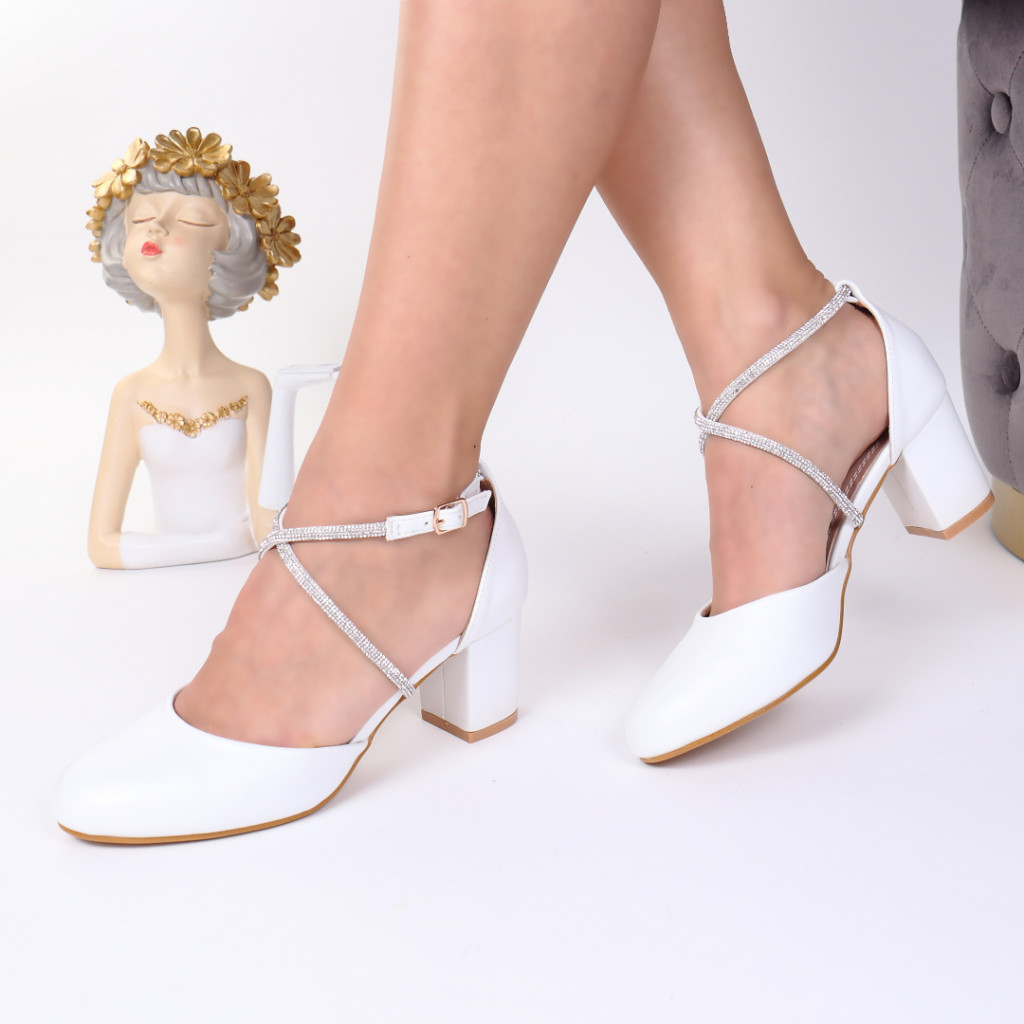 Pantofi cu toc gros albi Cristiana