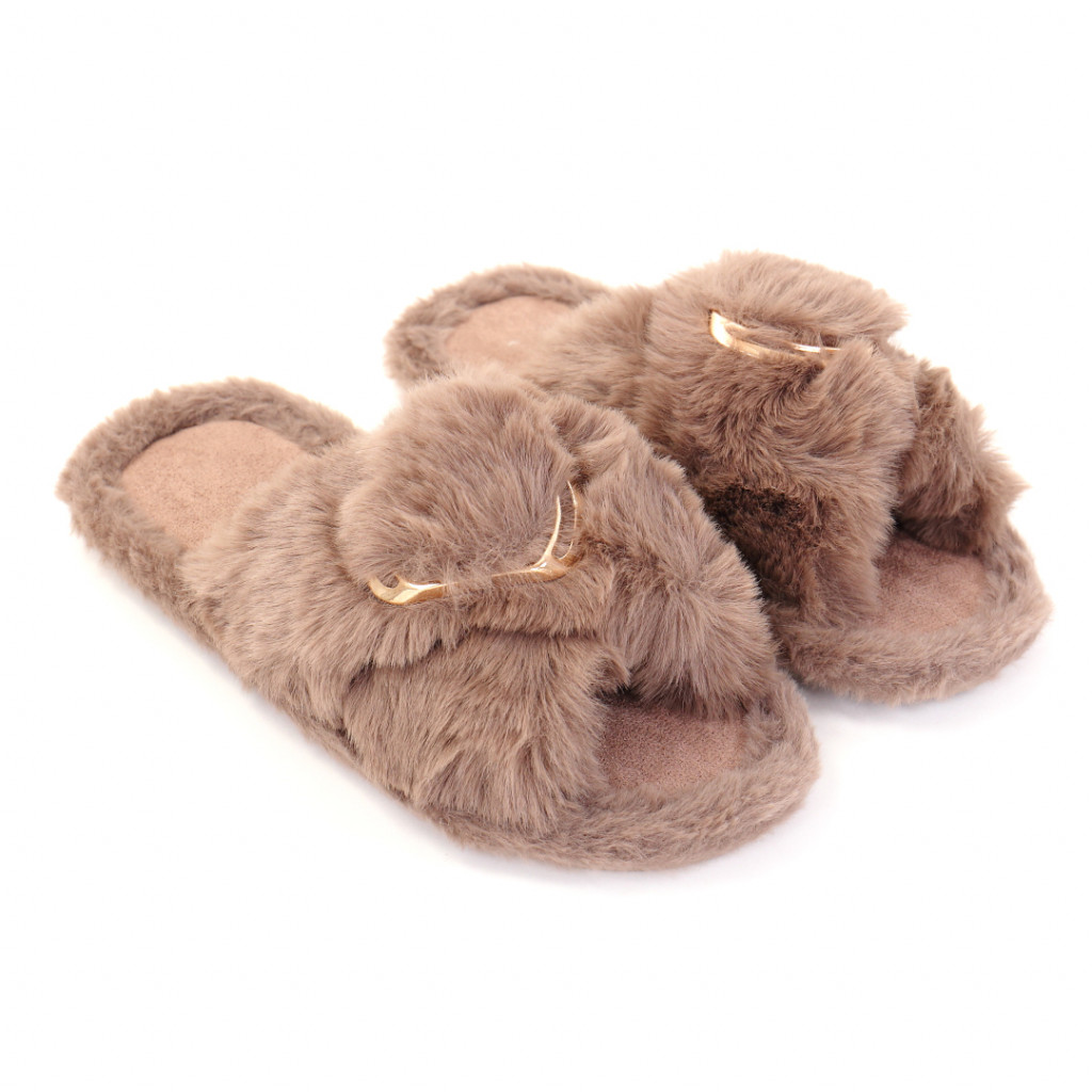 Papuci de casa pufosi maro Ziren