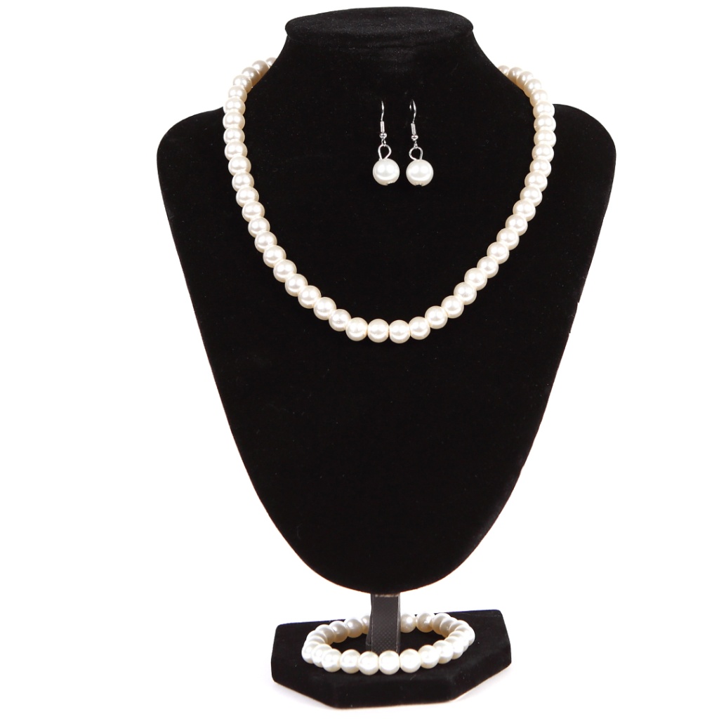 Set alb colier+cercei+bratara din perle artificiale Ella