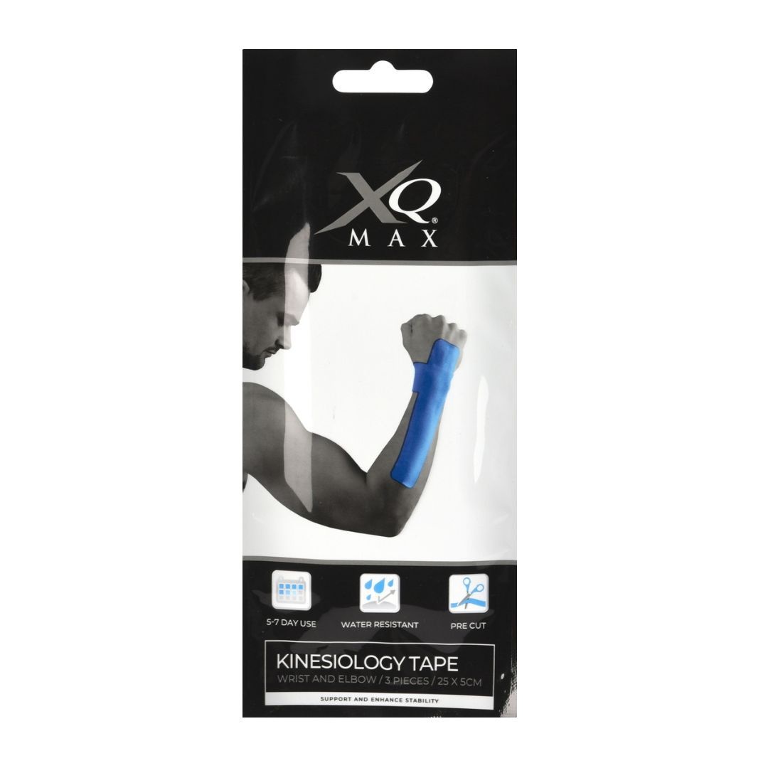 Bandă Kinesiologică, XQ Max, pretăiată, impermeabilă, pentru ameliorarea durerii, cot și încheietura mâinii, 25x5 cm, culoare albastru, 3 bucăți