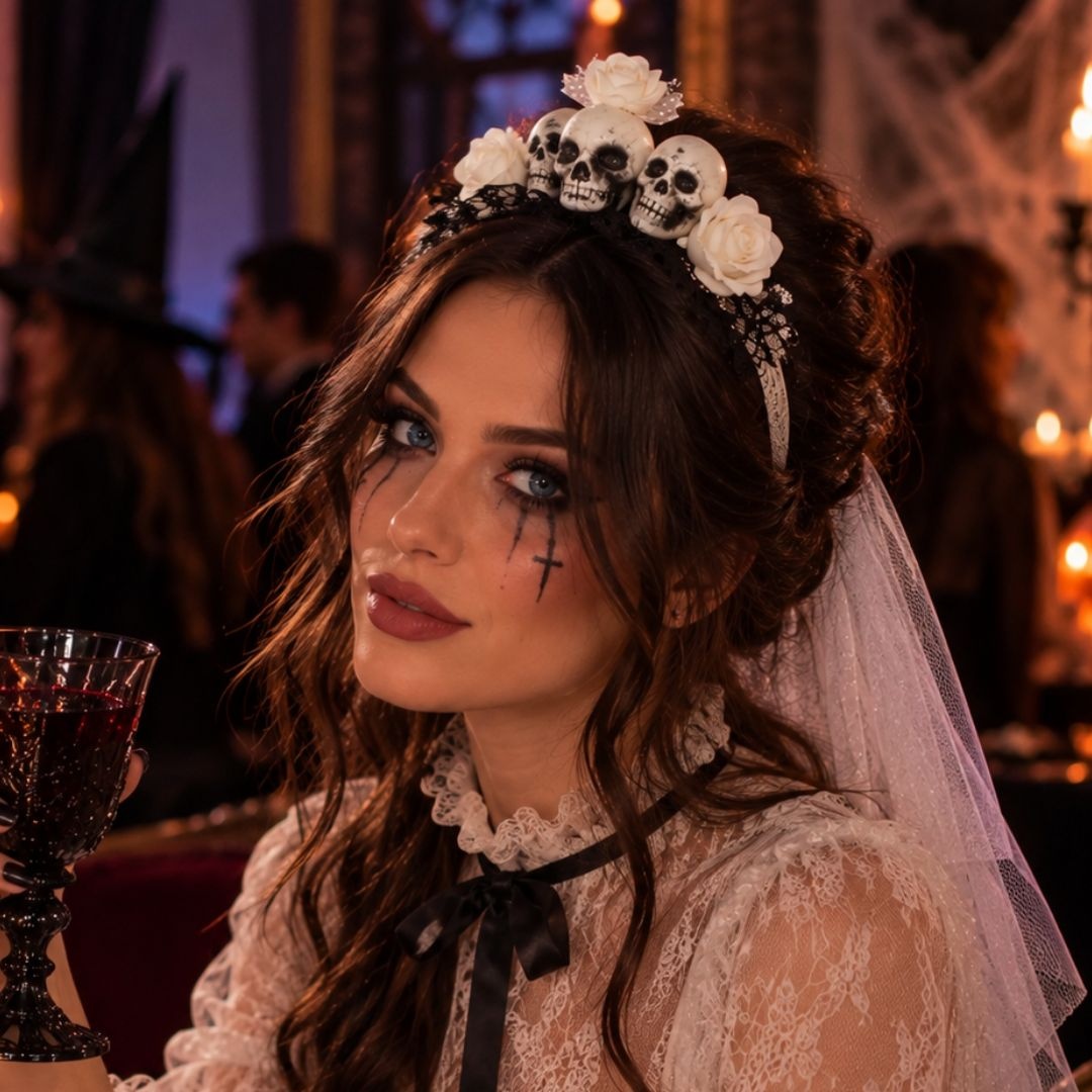 Bentiță Halloween, mireasă fantomă, cu 3 cranii decorative, trandafiri albi, dantelă neagră și voal lung din tul alb, ac
